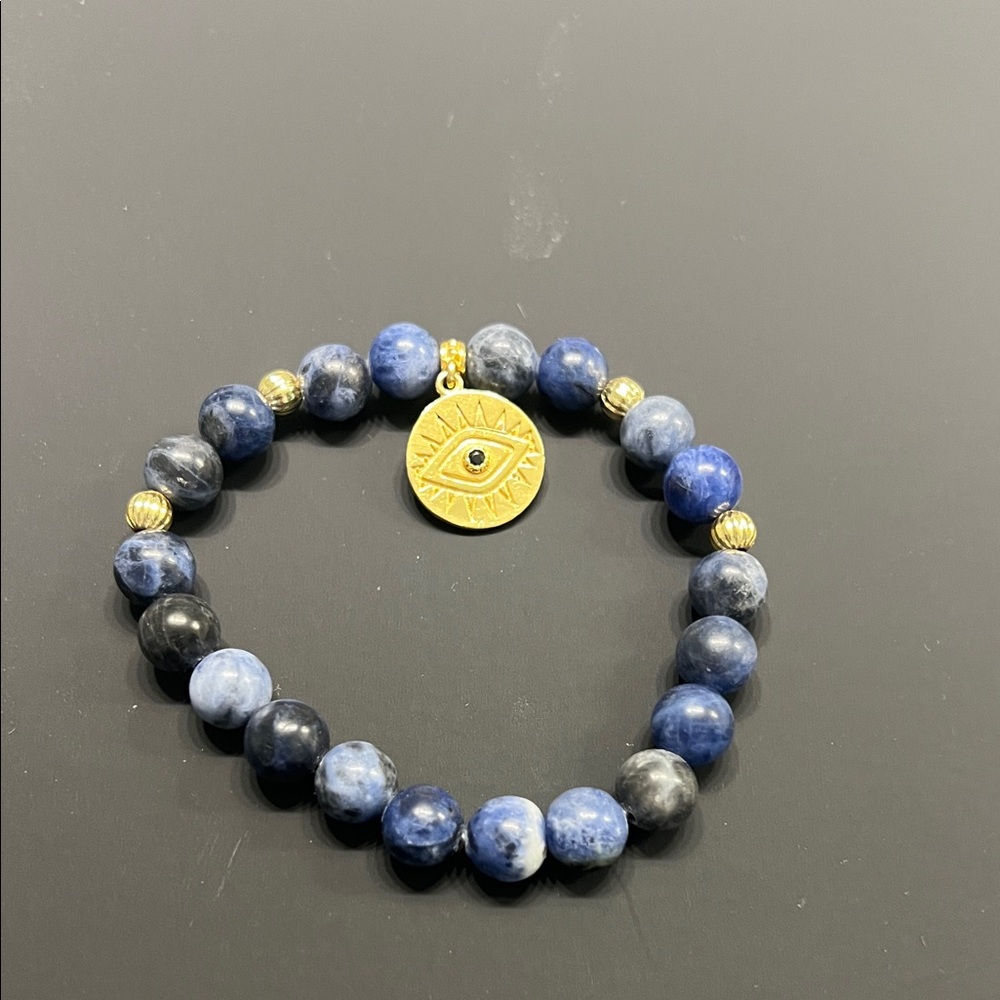 Blue and Gold Beaded Bracelet with Eye Charm